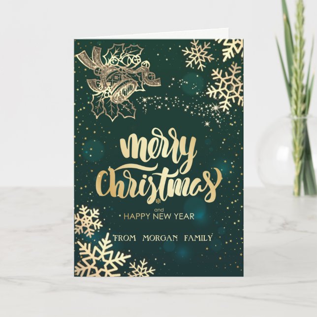 Gold Christmas Bell,Snowflakes Green Holiday Card (Front)