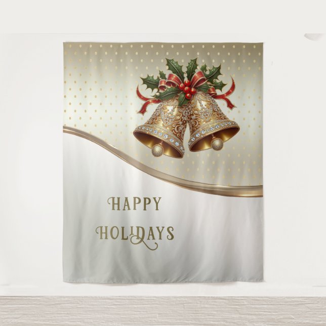 Gold Christmas Bells Holiday Backdrop Tapestry (Front)