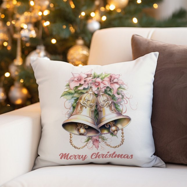 Gold Christmas Bells Pink Flowers  Throw Pillow ("Merry Christmas" bells and pink flowers decorator pillow)