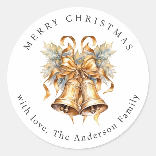 Gold Christmas Bells Ribbon Greenery Holiday Classic Round Sticker (Front)