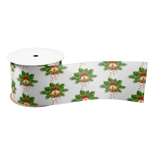 Gold Christmas Bells Satin Ribbon (Spool)