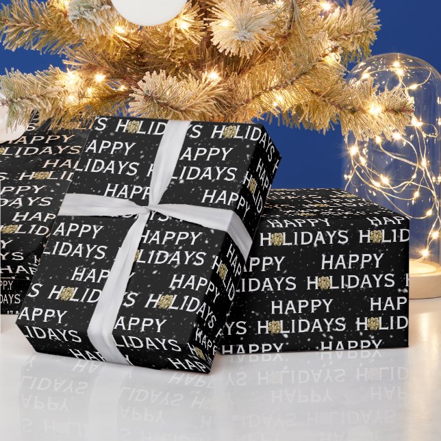 Gold Christmas Bow on Black Wrapping Paper (Holidays)