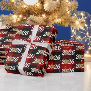 Gold Christmas Bow On Plaid 2026 Wrapping Paper