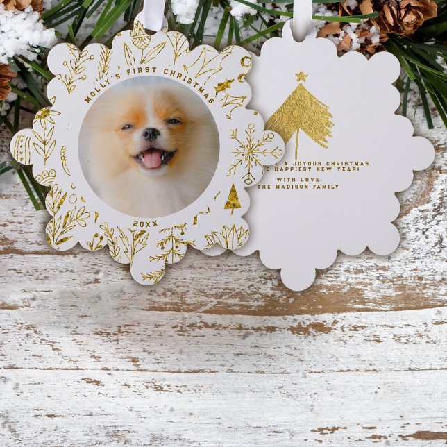 Gold Christmas Floral Pet's First Christmas Photo Ornament Card (Creator Uploaded)