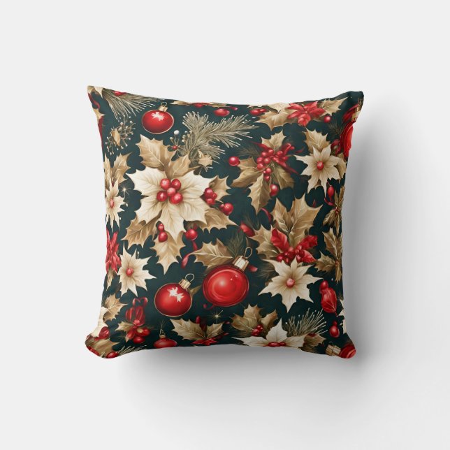 gold Christmas flowers, red bauble and berries Throw Pillow (Front)
