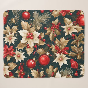 gold Christmas flowers, red baubles and berries Sherpa Blanket