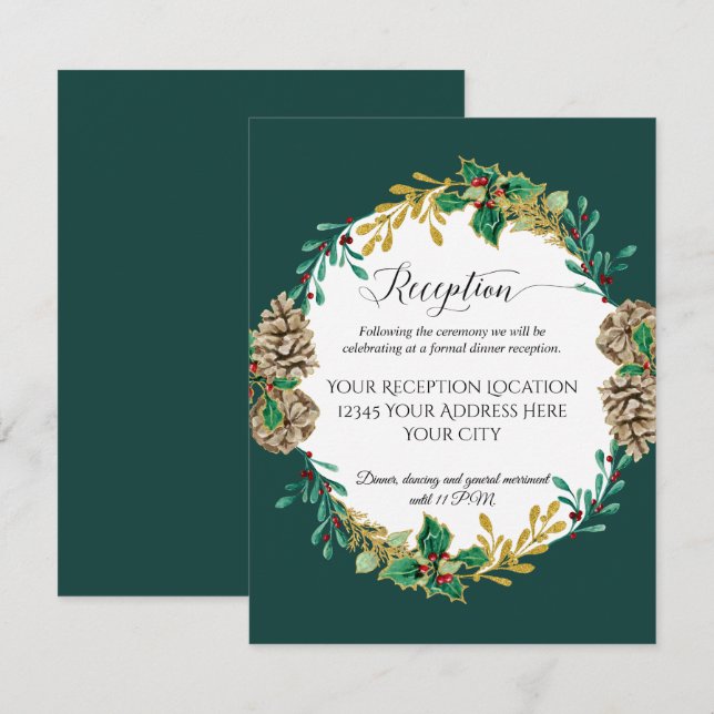 Gold Christmas Forest Foliage Wedding Reception Invitation (Front/Back)