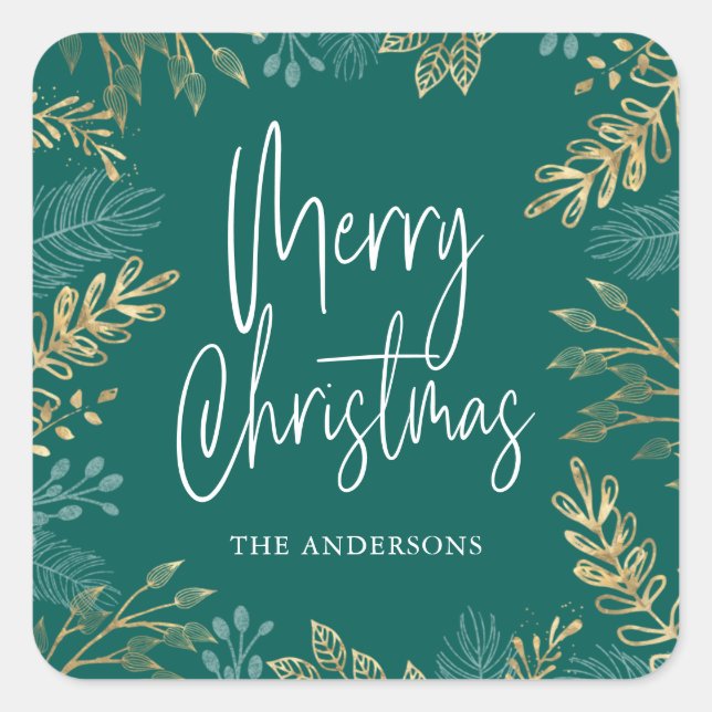 Gold Christmas Greenery on Dark Teal Holiday Square Sticker (Front)