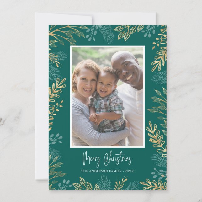 Gold Christmas Greenery on Teal 2 Photo Holiday Card (Front)