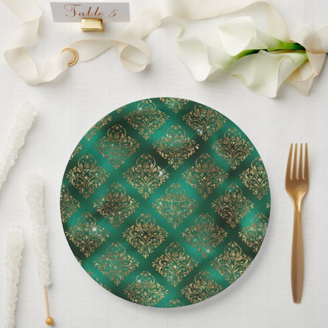 Gold Christmas Holiday Metallic Damask Elegant Paper Plate (Wedding)