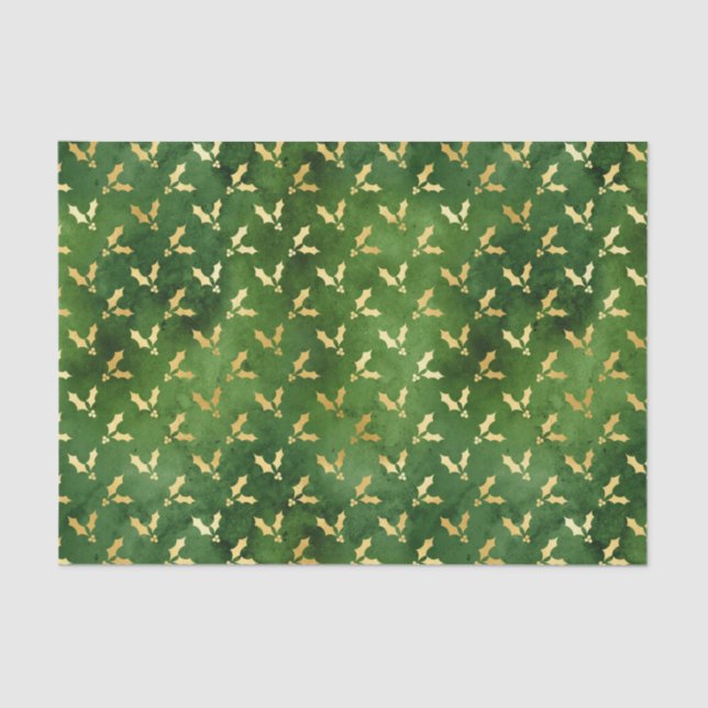 Gold Christmas Holly on Green Tissue Paper (Front)