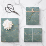 Gold Christmas Lights Green Watercolor Holiday Wrapping Paper Sheet<br><div class="desc">Golden string Christmas lights against teal green watercolor background.  Happy Holidays!</div>