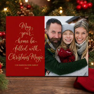 Gold Christmas Magic Red Family Photo Foil Holiday Card