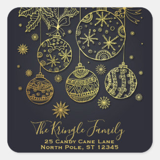 Gold Christmas Ornaments Family Return Address Square Sticker