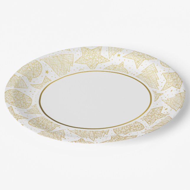 Gold Christmas Pattern Paper Plates (Angled)