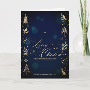 Gold Christmas Pine Tree,Branches Blue Bokeh Holiday Card