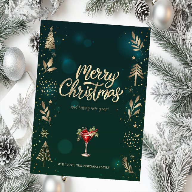  Gold Christmas Pine Tree,Branches Cocktail Green Holiday Card (Creator Uploaded)