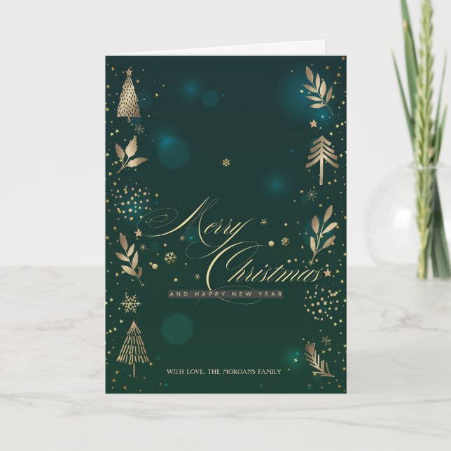  Gold Christmas Pine Tree,Branches Green Holiday Card (Front)