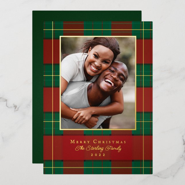 Gold Christmas Plaid Foil Holiday Photo Card (Front/Back)