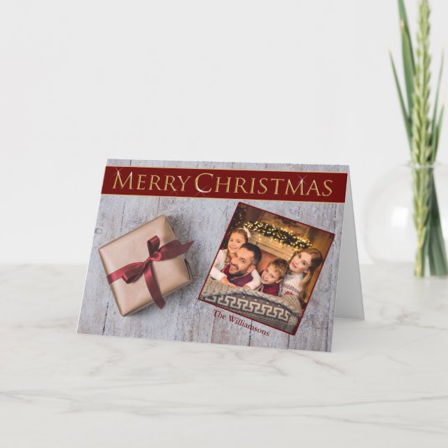 Gold Christmas Present on Snowy Deck Photo Holiday Card (Front)