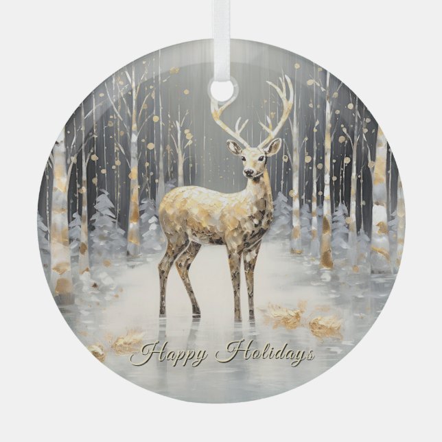 Gold Christmas Reindeer Holiday Glass Ornament (Front)