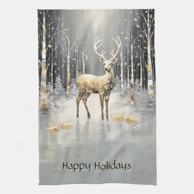 Gold Christmas Reindeer Holiday Kitchen Towel (Vertical)