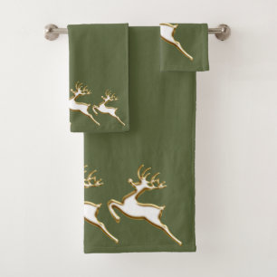 Gold Christmas Reindeer On Forest Green Bath Towel Set