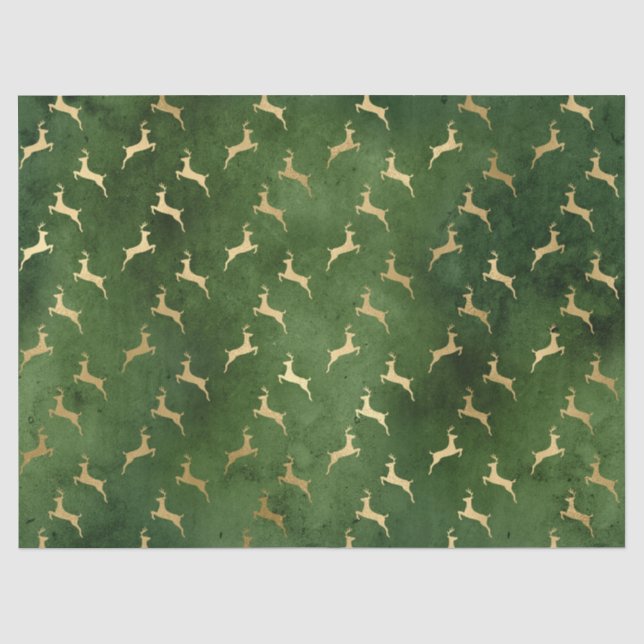 Gold Christmas Reindeer on Green Decoupage Tissue Paper (Front)