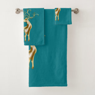 Gold Christmas Reindeer On Teal Blue Bath Towel Set
