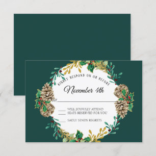 Gold Christmas RSVP Greenery Wreath Watercolor Invitation
