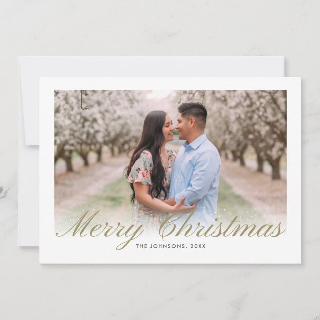 Gold Christmas Script Calligraphy Mint Collage Holiday Card (Front)