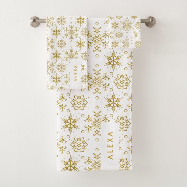 Gold Christmas snowflakes pattern on white. Bath Towel Set (Insitu)