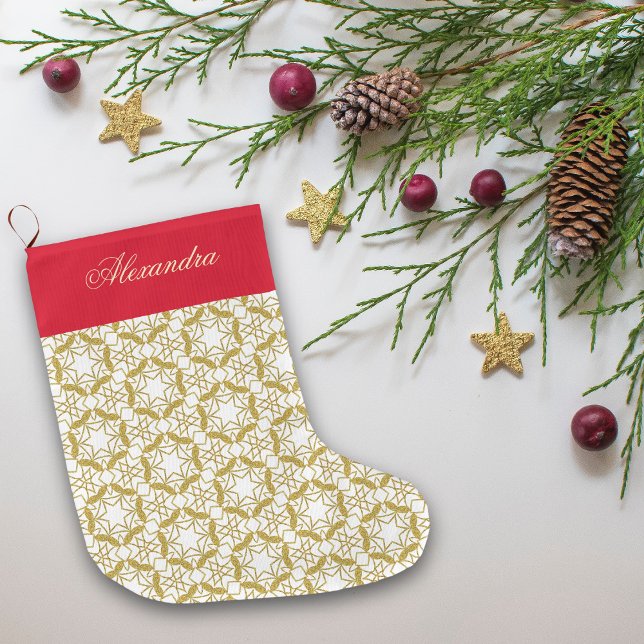 Gold Christmas Snowflakes Pattern Personalized  Large Christmas Stocking (Creator Uploaded)