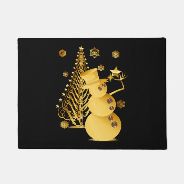 Gold Christmas Snowman and Star Tree Doormat (Front)