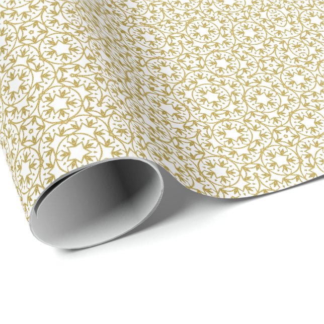 Gold Christmas Stars Pattern Glitter Wrapping Paper (Roll Corner)