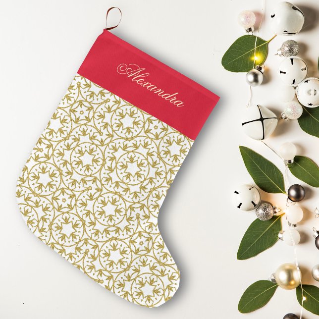 Gold Christmas Stars Pattern Yellow Personalized  Large Christmas Stocking (Creator Uploaded)