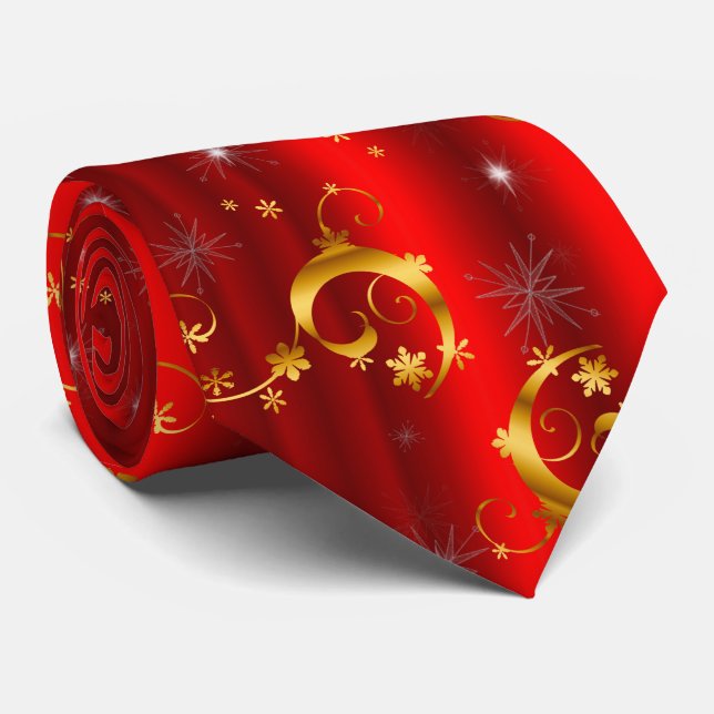 Gold Christmas Stars, Swirls on Red Tie (Rolled)