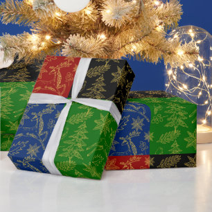 Gold Christmas Symbols on geometric background Wrapping Paper