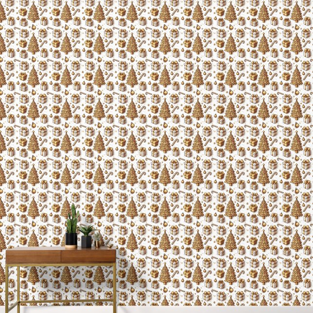 Gold Christmas Tree And Gifts On White Background  Wallpaper (Hallway)