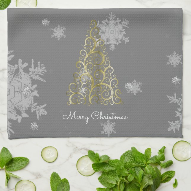 Gold Christmas Tree and Snowflakes Kitchen Towel (Folded)