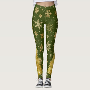 Gold Christmas Tree and Snowflakes Leggings