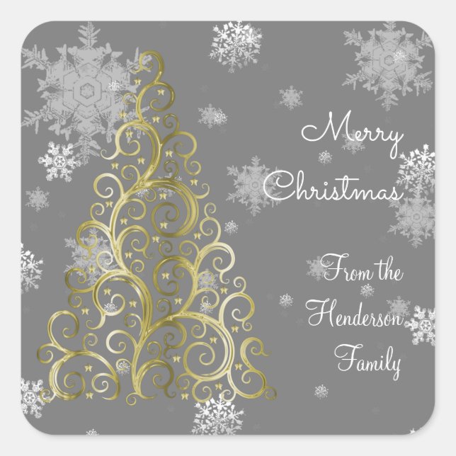 Gold Christmas Tree and Snowflakes Sticker (Front)