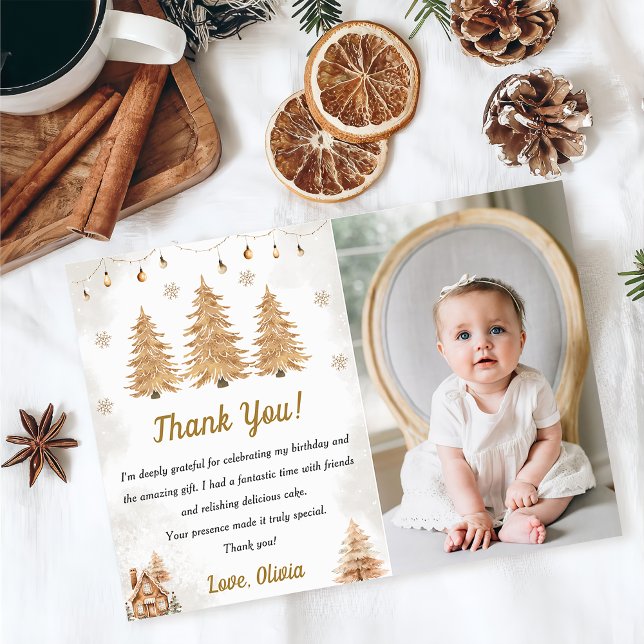 Gold Christmas Tree Birthday Party Thank You Card  (Creator Uploaded)