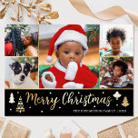 Gold Christmas Tree Custom Photo Black Luxury Foil Holiday Card<br><div class="desc">Spread the Holiday cheer with luxury gold foil Christmas cards! Six personalized photos along with your family name and a greeting on the back. This custom design features decorative trees and stars, with the words 'Merry Christmas' in festive script lettering. Perfect for photos of kids, family, friends and pets. Colours:...</div>