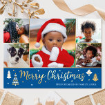 Gold Christmas Tree Custom Photo Blue Luxury Foil Holiday Card<br><div class="desc">Spread the Holiday cheer with luxury gold foil Christmas cards! Six personalized photos along with your family name and a greeting on the back. This custom design features decorative trees and stars, with the words 'Merry Christmas' in festive script lettering. Perfect for photos of kids, family, friends and pets. Colours:...</div>