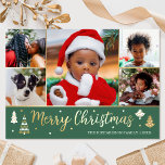 Gold Christmas Tree Custom Photo Forest Green Foil Holiday Card<br><div class="desc">Spread the Holiday cheer with luxury gold foil Christmas cards! Six personalized photos along with your family name and a greeting on the back. This custom design features decorative trees and stars, with the words 'Merry Christmas' in festive script lettering. Perfect for photos of kids, family, friends and pets. Colours:...</div>
