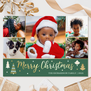 Gold Christmas Tree Custom Photo Forest Green Foil Holiday Card