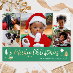 Gold Christmas Tree Custom Photo Green Luxury Foil Holiday Card