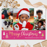 Gold Christmas Tree Custom Photo Pink Luxury Foil Holiday Card<br><div class="desc">Spread the Holiday cheer with luxury gold foil Christmas cards! Six personalized photos along with your family name and a greeting on the back. This custom design features decorative trees and stars, with the words 'Merry Christmas' in festive script lettering. Perfect for photos of kids, family, friends and pets. Colours:...</div>