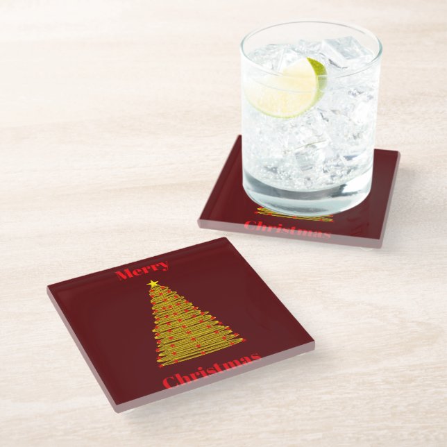Gold Christmas Tree Dark Red Coaster (Angled)